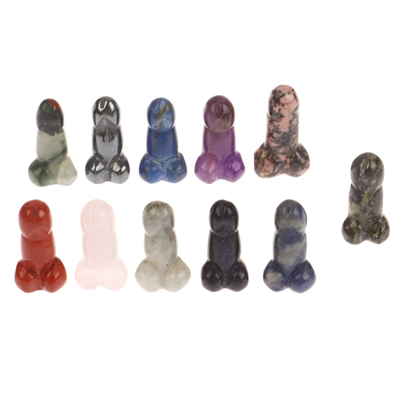1" Cut Mini Penis Figurine Natural Crystal Stones Amethyst Quartz Carving Phallus Fertility Amulet Dick Testicle Home Decor Gift