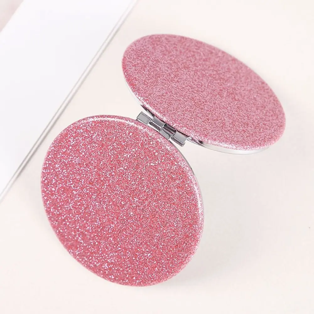 Glitter Round Makeup Mirror Folding Shiny Handheld Mirror PU Leather Double-sided Vanity Mirror Student Gift