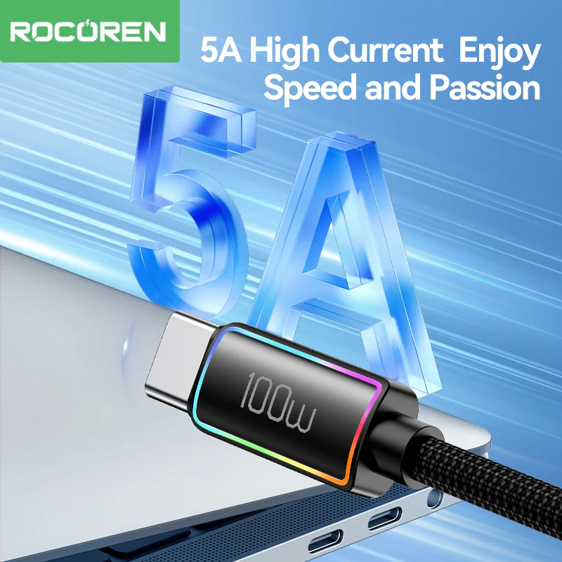 Rocoren 100W USB C-유형 C PD 케이블 5A 삼성 S23 Ultra MacBook iPad Pro USB-C 빠른 충전 3.0 와이어 용 고속 충전 케이블