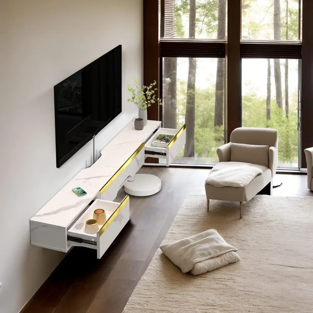 Floating TV Shelf with Drawers, 66'' Wall Mounted Wood Floating TV Console Entertainment Media Shelf TV Wall Unit(White) 5