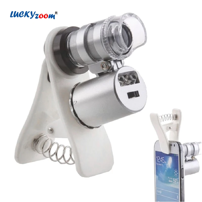 Phone Clip Mini 60X Pocket Microscope Jewelry Magnifier Loupe Glass LED Light 
