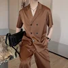 Summer Sets Men Fashion Double Breasted Short Sleeve Shirt/Trousers Two Piece Set Men Korean Loose Ice Silk Sets Mens Formal Set 1