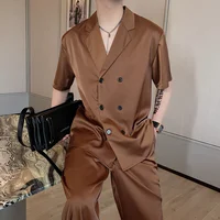 Summer Sets Men Fashion Double Breasted Short Sleeve Shirt/Trousers Two Piece Set Men Korean Loose Ice Silk Sets Mens Formal Set 1