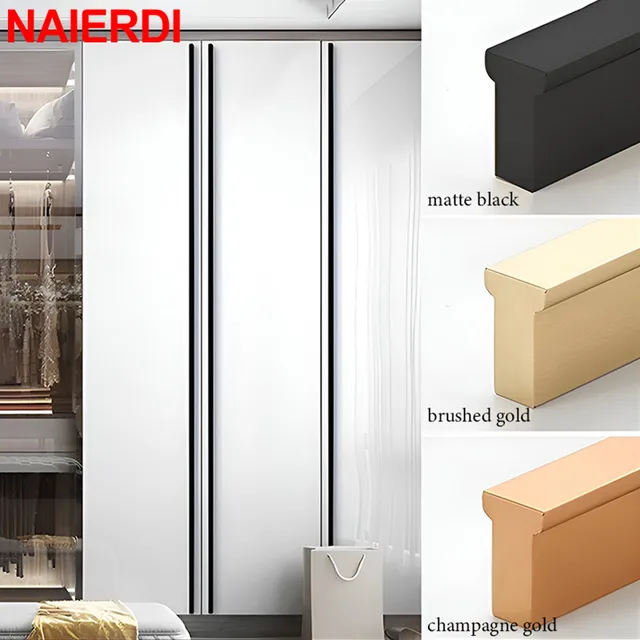 NAIERDI สีดำยาวเฟอร์นิเจอร์สไตล์อเมริกัน Gold ตู้ดึง600-1200Mm T Bar อลูมิเนียมตู้จับ 1