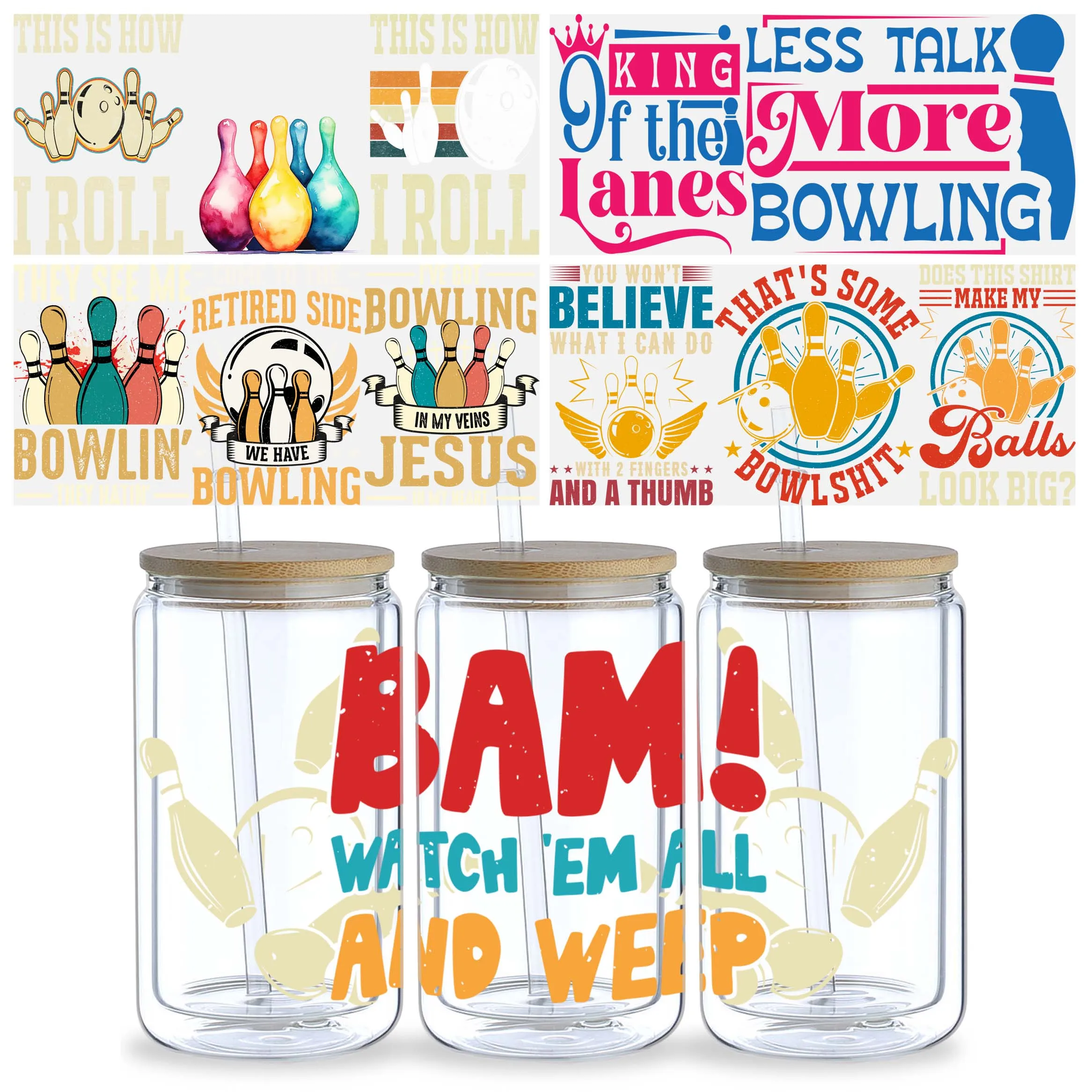 Bowling UV DTF Cup Stickers 5 Sheet for 16 oz Glass Mugs