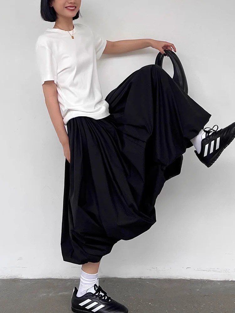 HOUZHOU Long Skirt Women Elegant Solid Elastic Waist A-line Vintage Korean Fashion Loose Balloon Maxi Skirt Casual Streetwear