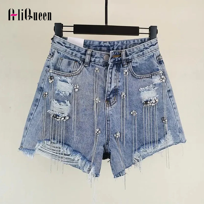 

Summer Women Vintage Blue Jeans Shorts European Streetwear Woman Loose High Waist Diamond Tassel Ripped Denim Hot Pants S-3XL