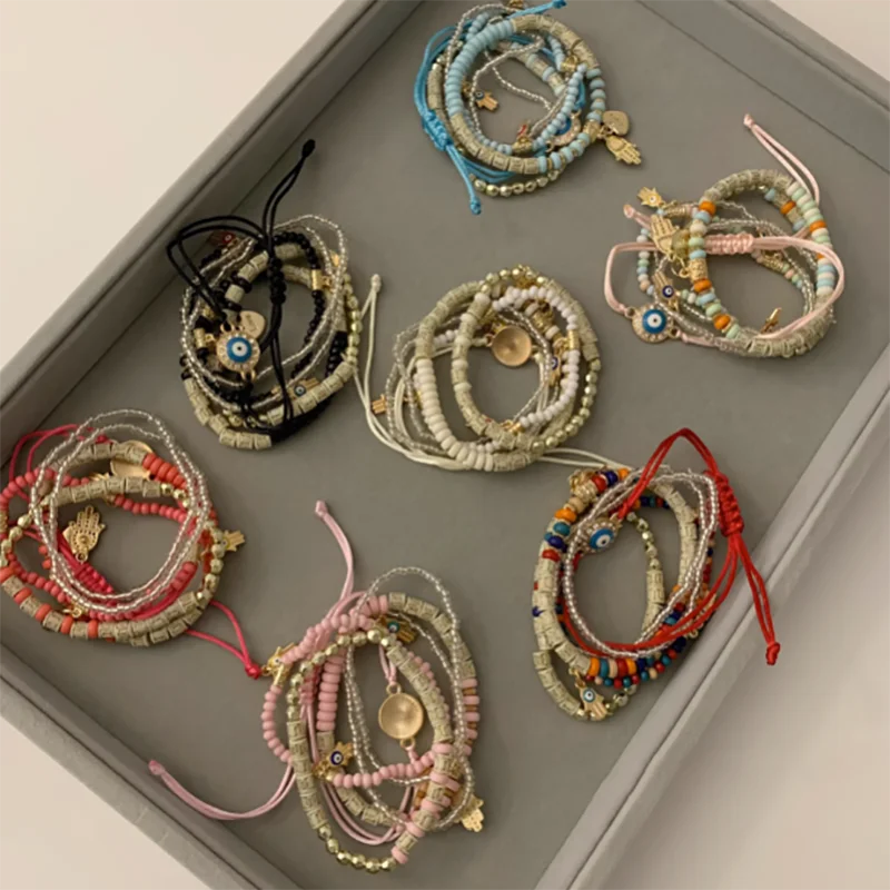 Beaded Bracelet Vintage Bohemia Multilayer Elastic Beaded Bracelets Set For Women Evil Eye Beads Combination Handmade Bracelet Jewelry Gift