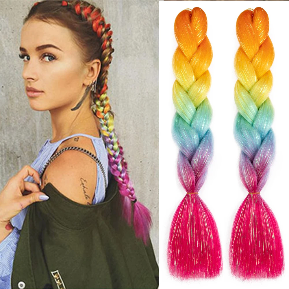 Sintético Glitter Jumbo Braids Extensões para Mulheres, Arco-íris Colorido, Cabelo Trançado Ombre, Atacado, Penteado DIY, 24