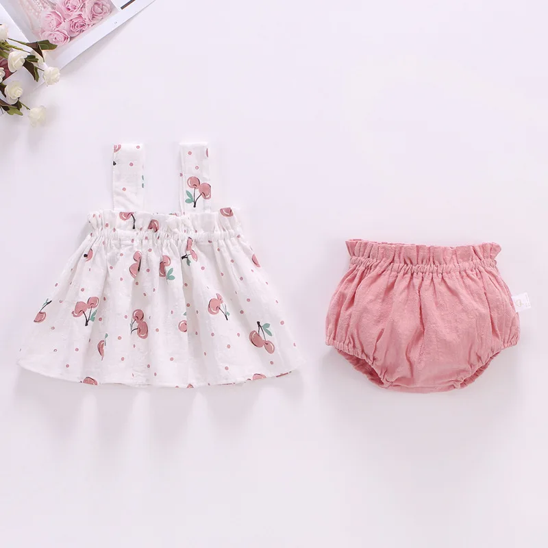 sun baby clothing set Baby Summer Dress Suit Baby Girl Clothes 0-2 Years Infant Toddler Cherry Sling Dress Bread Pants Two-piece Clothing Set KF1138 sun baby clothing set Baby Clothing Set