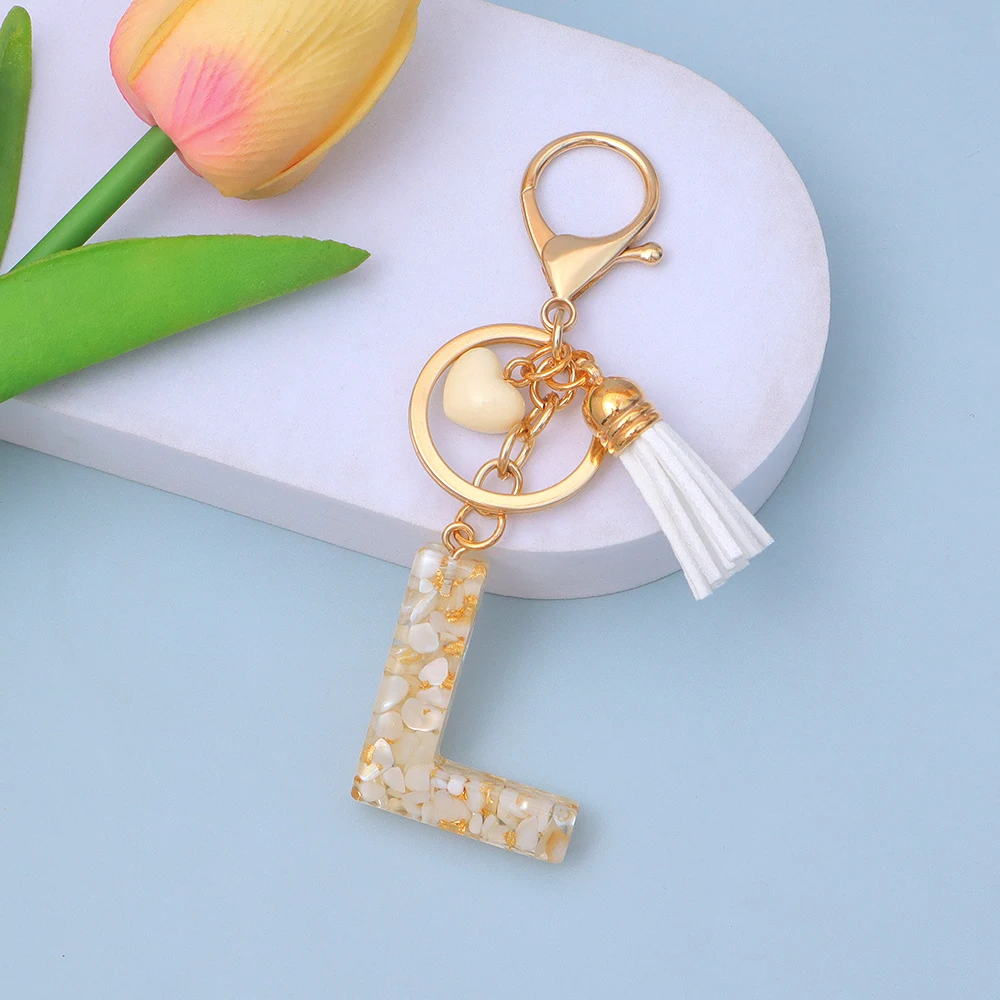 Resin 26 Initials Keychain Fashion Cream Color Heart Tassel