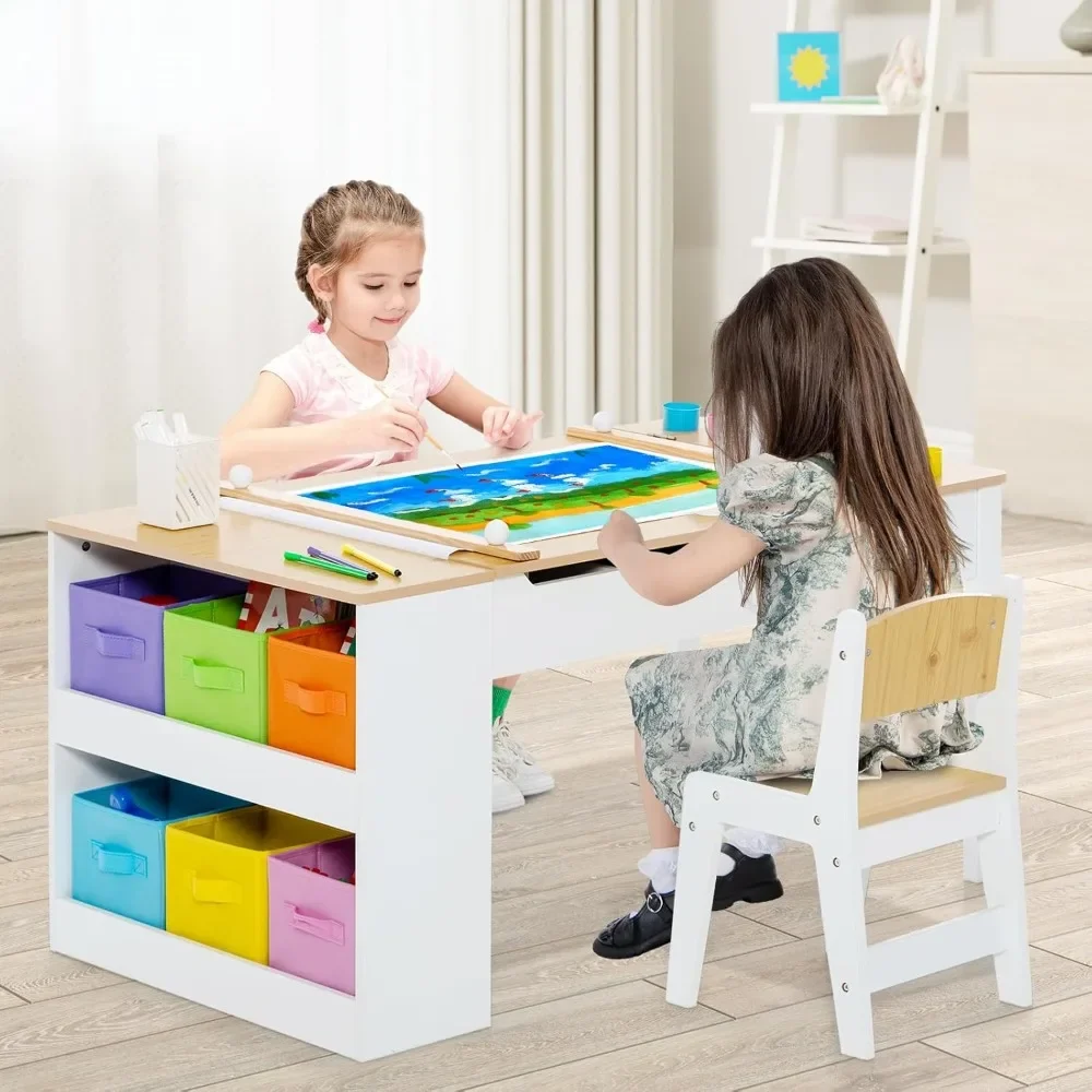 3 in 1 Kids Art Table and Chair Set, Toddler Craft Play Wood Activity Desk with 2 Chairs Storage Canvas Bins ,Children Furniture 2