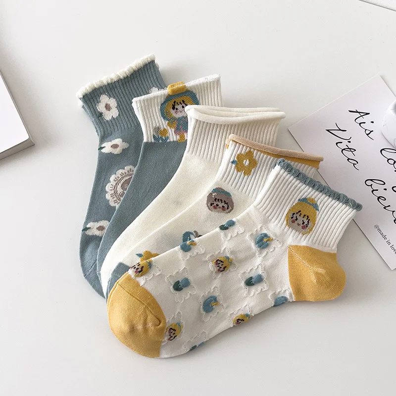 

falbala Woman Sock Cartoon Flower for Women Socks Casual Splicing Kawaii Fashion Striped boat Sox Cotton Spring Summer Sokken