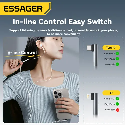 Essager L-shape Type-C to 3.5mm Jack Audio Adapter for iPhone 16 15 Samsung Lighting to 3.5mm Headphone Adapter for iPhone 14 1 - Image 3