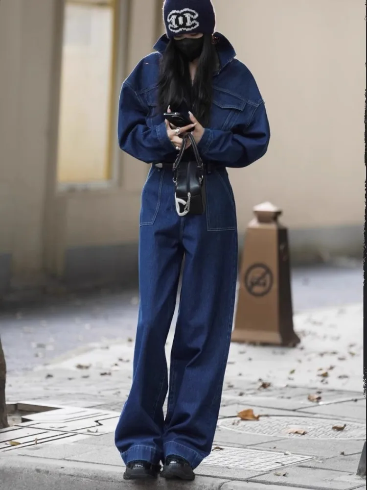 Blue Design Denim Jumpsuit Women'S Spring And Autumn Collar Fashionable Workwear Large Pocket Loose Pants 6