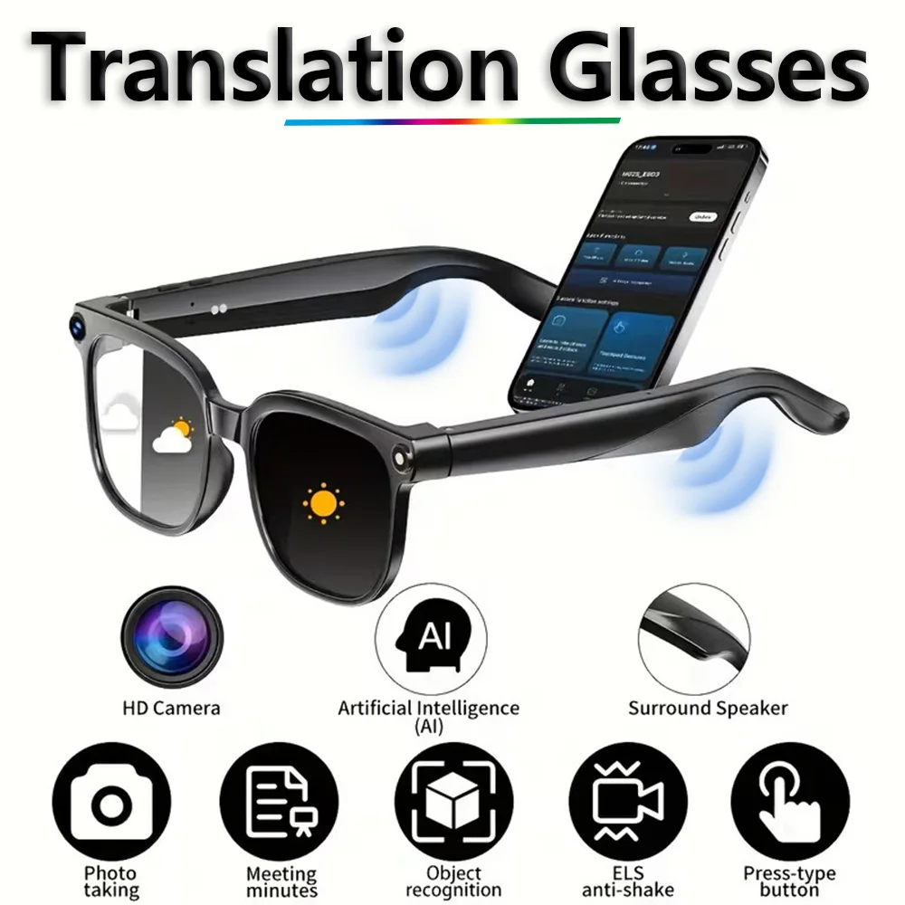 AI Translation Smart Glasses 8MP Camera 800W Pixel Camera Real Time Translation Bluetooth Call Music Earphones Outdoor Travel