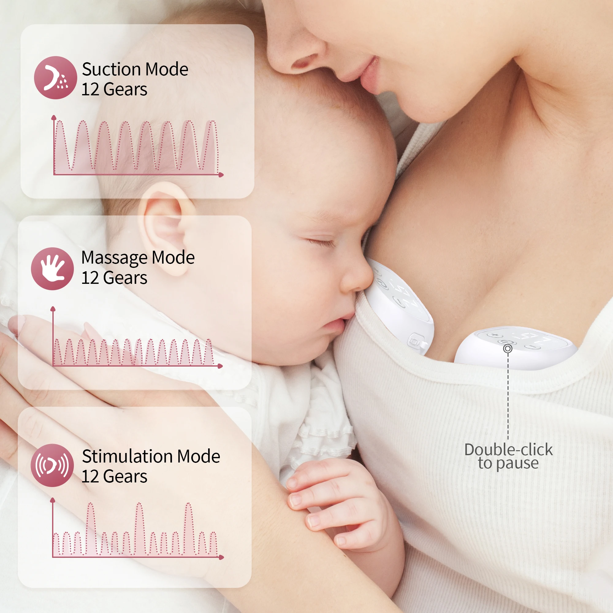 Breast Pump Hands Free Wearable Breastpump of Baby Mouth Double-Sealed Flange with 3 Modes & 12Levels, Electric Breast Pump