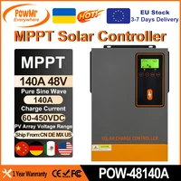 Contrôleur de charge solaire MPPT PowMr 140A avec écran LCD, compatible avec les batteries au lithium et au plomb-acide 24V 48V, avec panneau solaire, entrée 60~500VDC 1