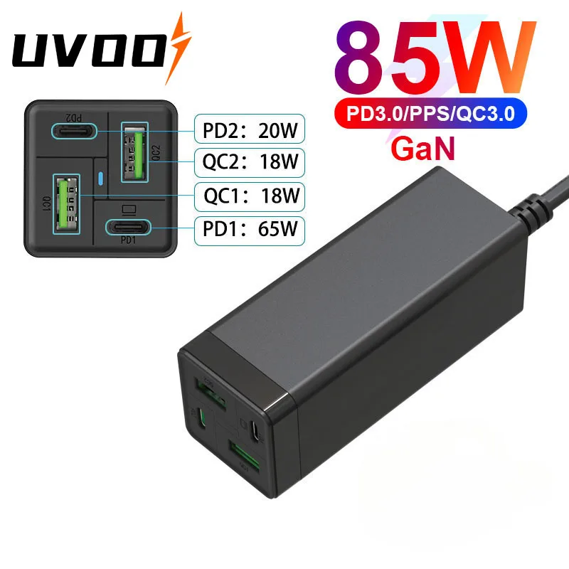 

85W USB C Charger UVOOI GaN Tech PD 65W PPS 33W QC 18W Fast Charger Desktop USB-C Charging Station for iPhone Samsung MacBook