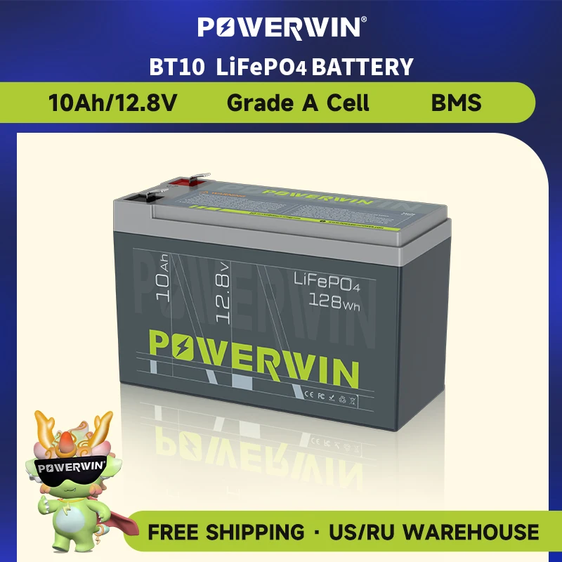 Powerwin 12.8v 10ah Bt10 128wh Lifepo4 Bateria Ups Off-grid Solar Bms 4000+ Ciclo Profundo Brinquedo Elétrico de Energia Recarregável