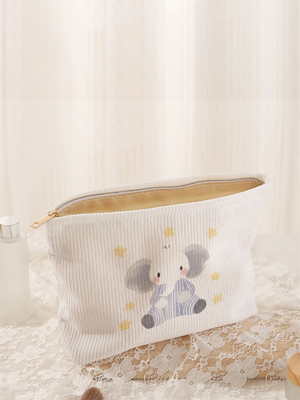 1pc elephant pattern printed corduroy makeup bag, lightweight zipper makeup storage box, multifunctional bag with lining