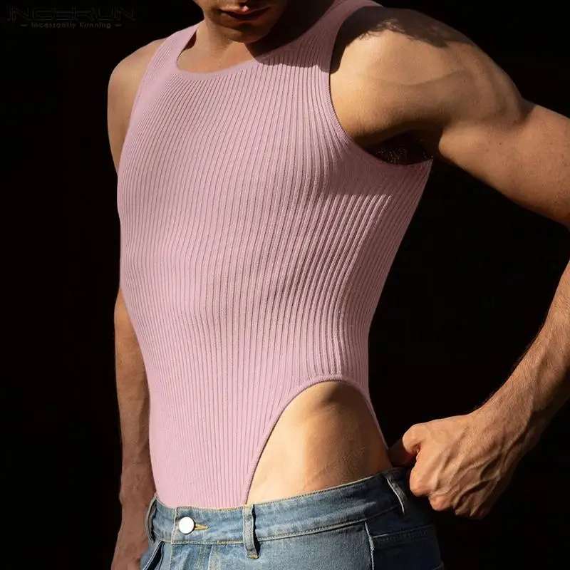 Men Bodysuits Solid Color O-neck Sleeveless Knitted Rompers Male Tank Tops Summer Bodysuit For Men Bodysuits Men Lingerie