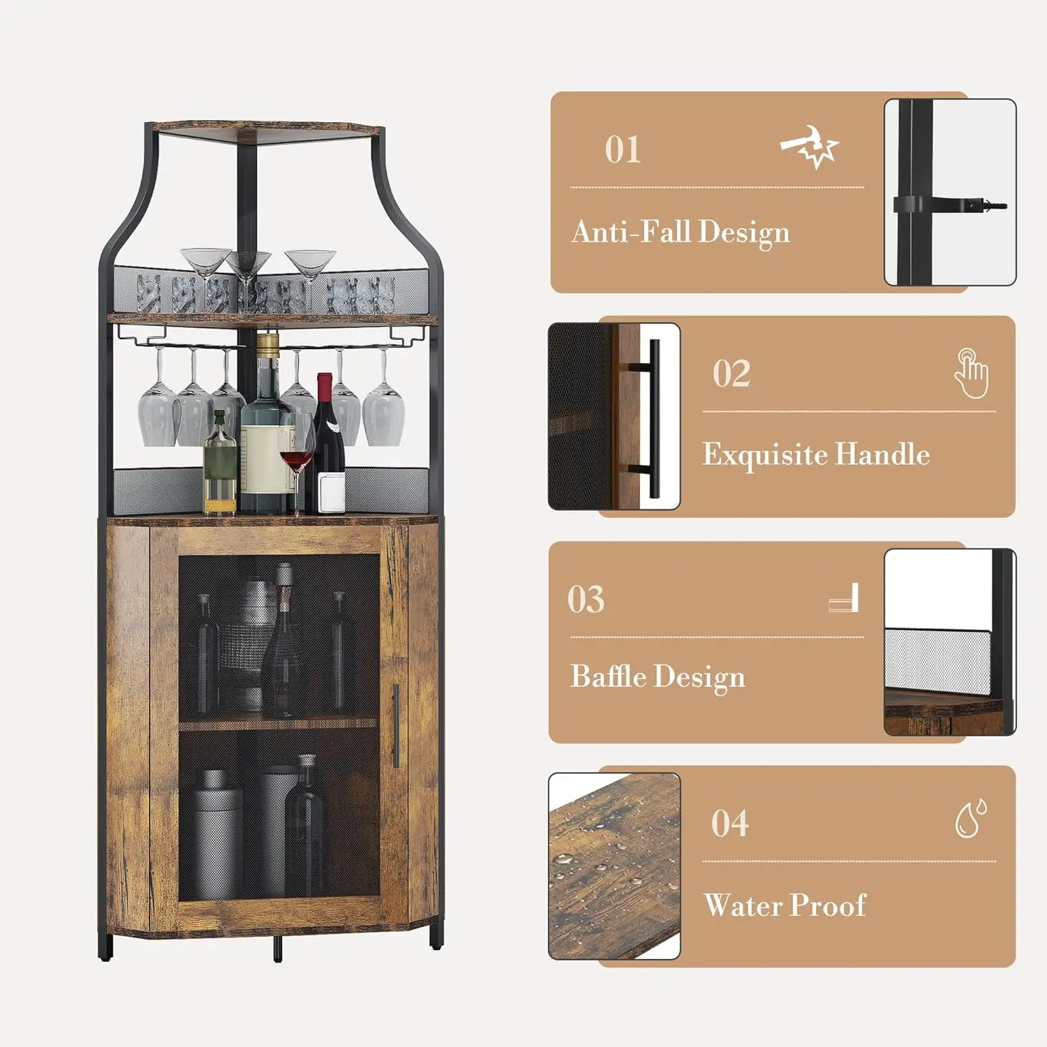 Corner Bar Cabinet, 61" Tall Farmhouse Wine Cabinet with Led Light & Detachable Wine Rack, 5-Tier Industrial Wine Cabinet