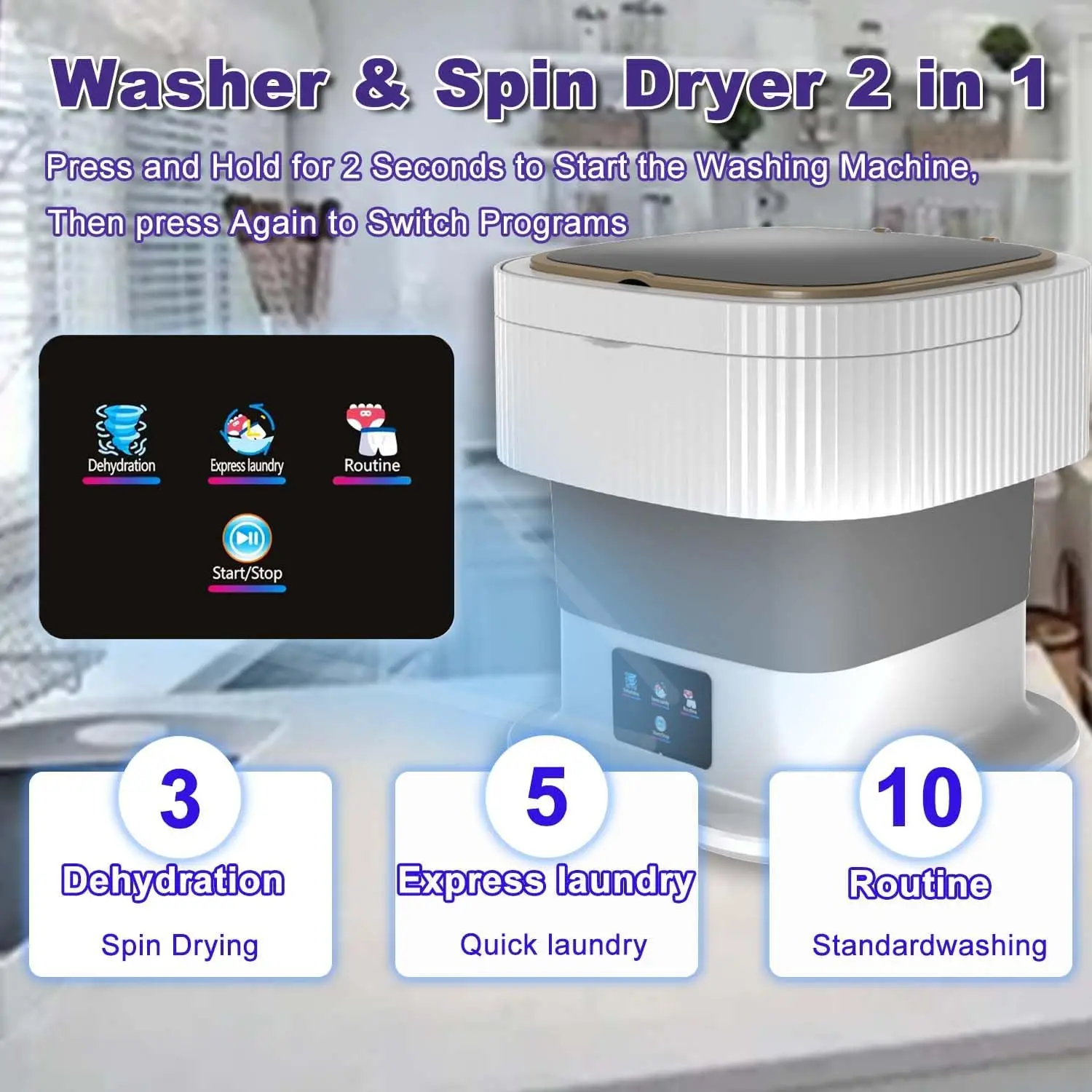 Compact Portable Washing Machine: 11L Small Fold Washer with Spin Dryer, Mini Foldable Clothes Washer, Ideal for Travel 2