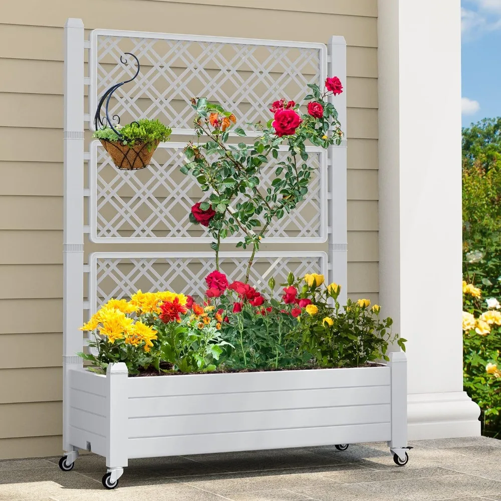 

Planter Box with Trellis and Lockable Wheels, Outdoor Resin Raised Garden Bed for Climbing Plants with Drain Plug(Grayish-White)