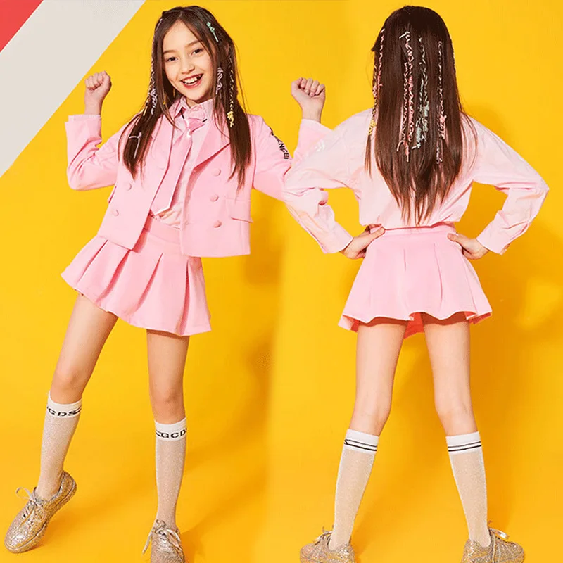 

New Fashion Streetwear Pink Suit Kids Hip-hop Jazz Dance Clothes Girls Double Breasted Coat Shirt Skirt Stage Catwalk Clothing