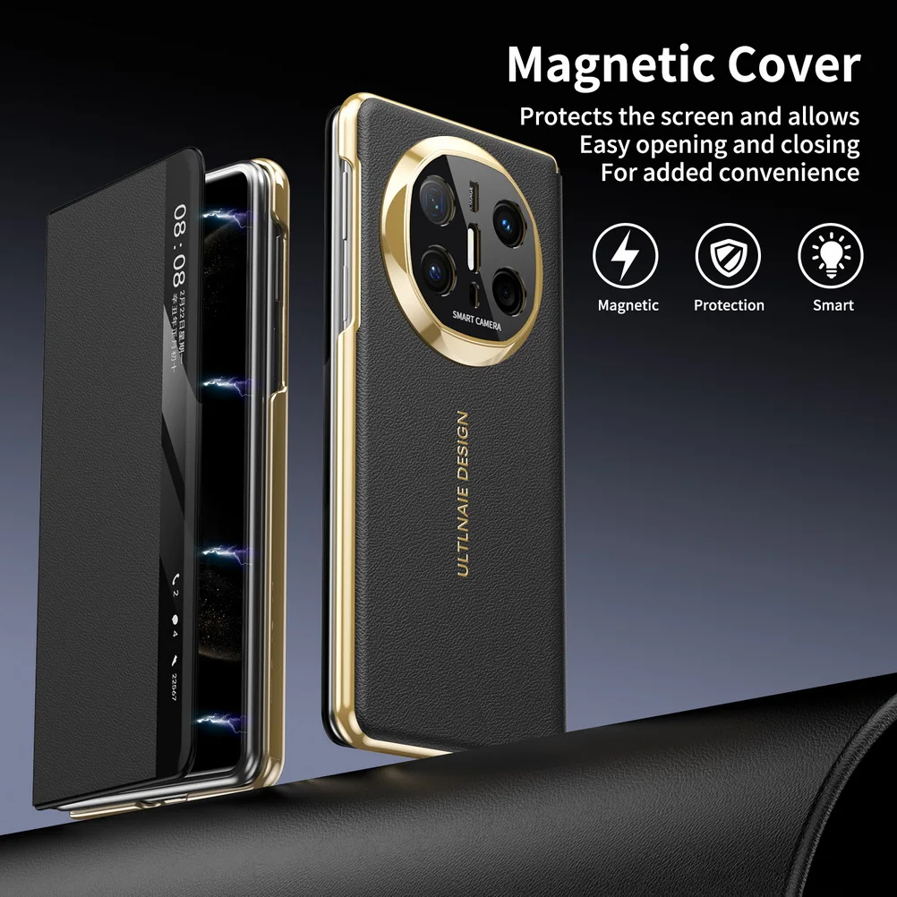 Luxury Smart Leather Gold-Toned Magnetic Protective Case with Lens Cover
