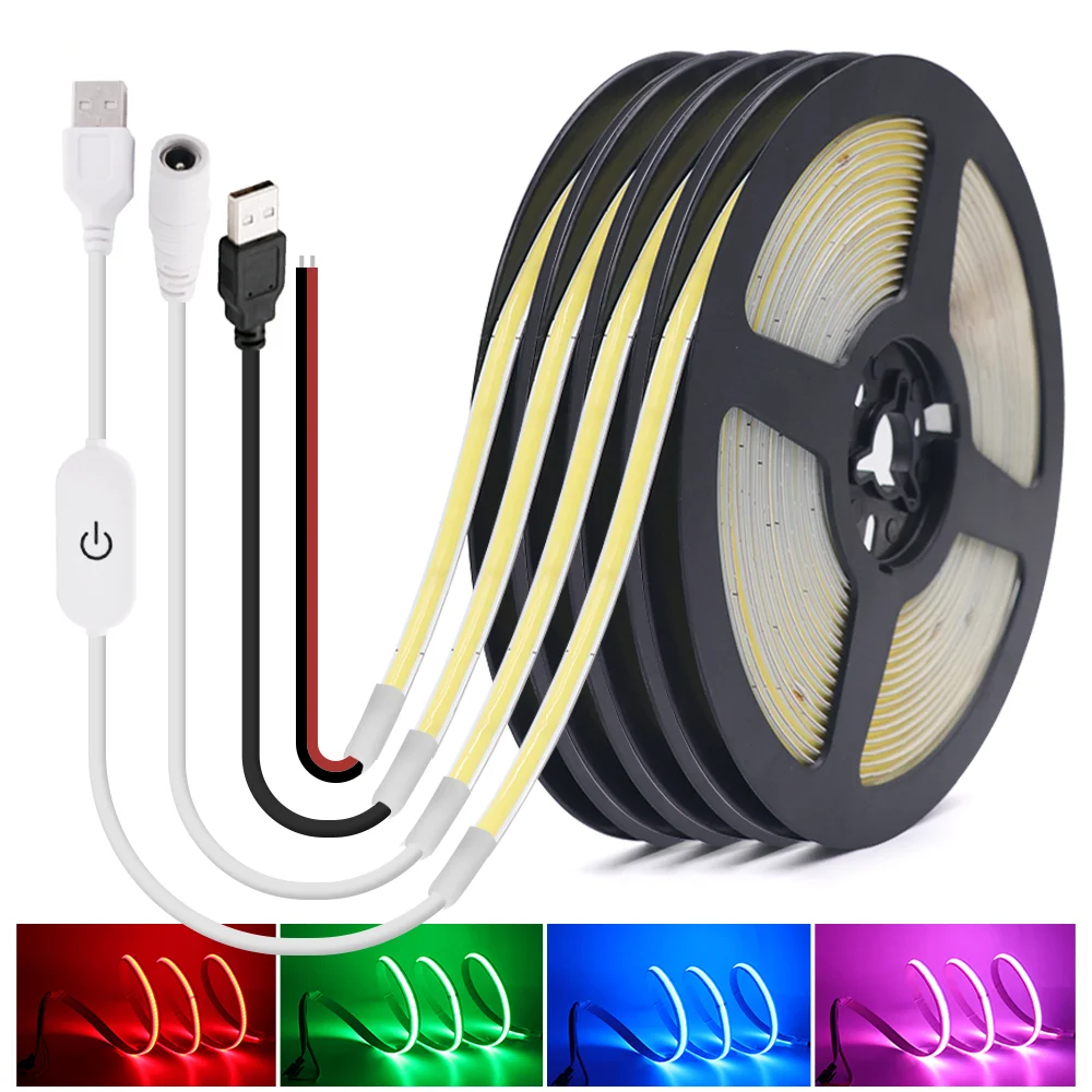 Dimmable COB LED Strip with Touch Switch 5V USB 320LEDs/m Flexible FOB LED Lights Bar High Density Linear Lighting Tape Diode