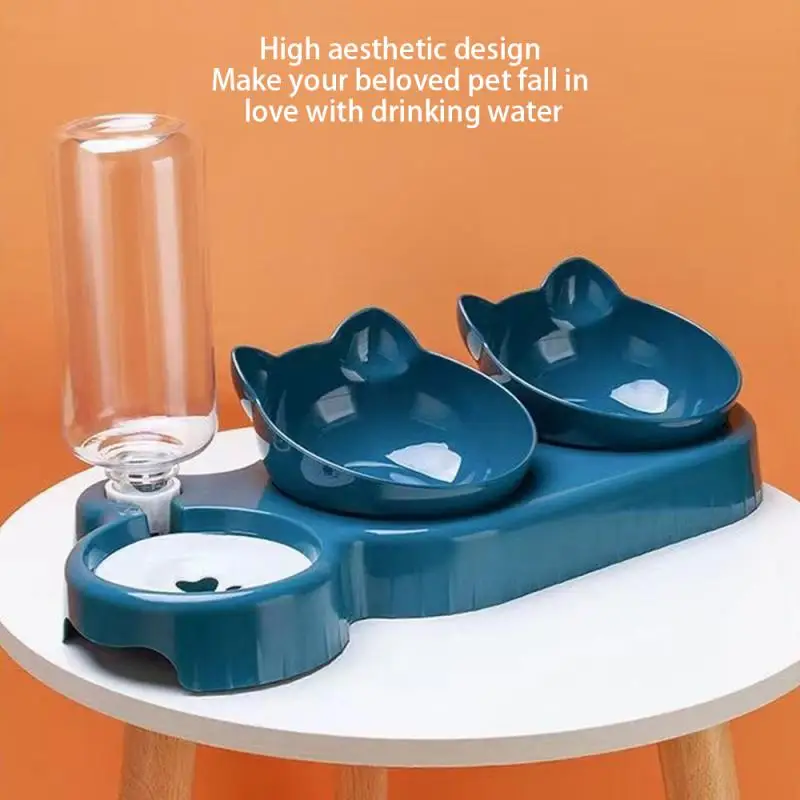 

Тройная миска для кошек, поворотная двойная миска 2 в 1 с автоматической бутылкой для питья, для кошек и собак