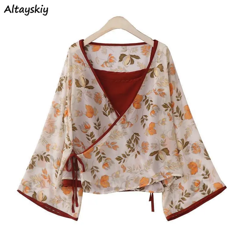 

Chinese Style 2 Pieces Sets Women Summer Loose Irregular Chic Gentle Thin Literary Printed Sexy Breathable Sweet OOTD Indie Folk
