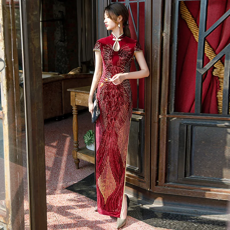 Qipao largo con lentejuelas, vestido de temperamento para mejorar el rendimiento del equipo, cuello mandarín Cheongsam, talla grande 5XL