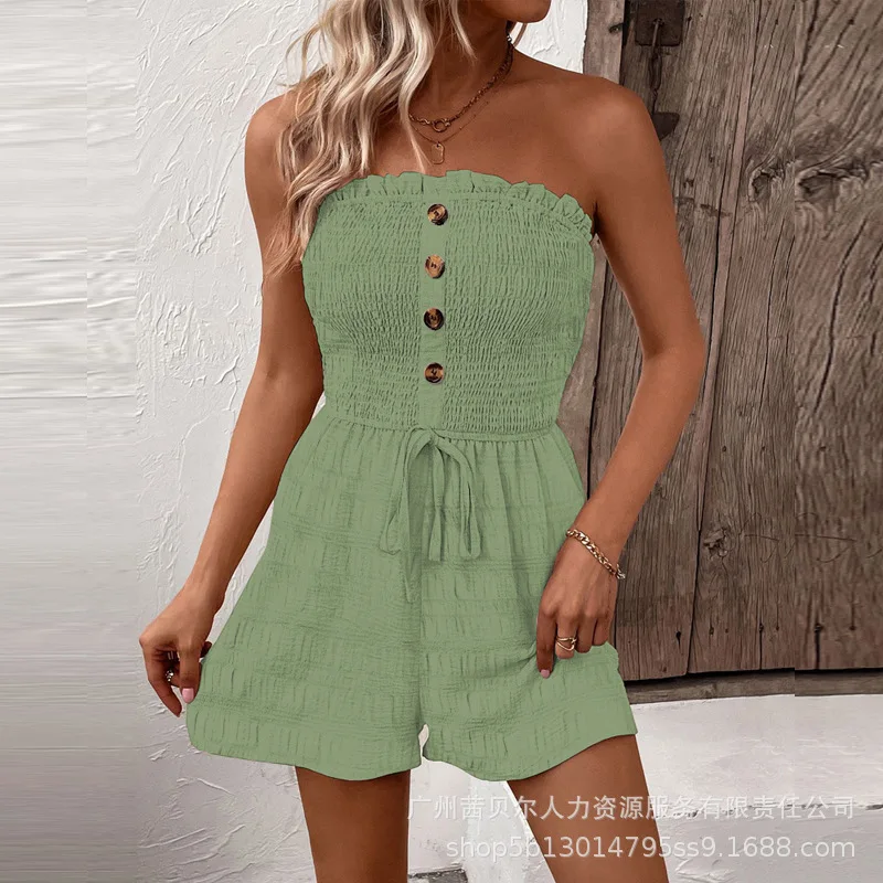 

Wepbel Low Cut Rompers Playsuits Solid Color High Waist Tube Top Casual Jumpsuit Women Sexy Strapless Wide Leg Pant Jumpsuits