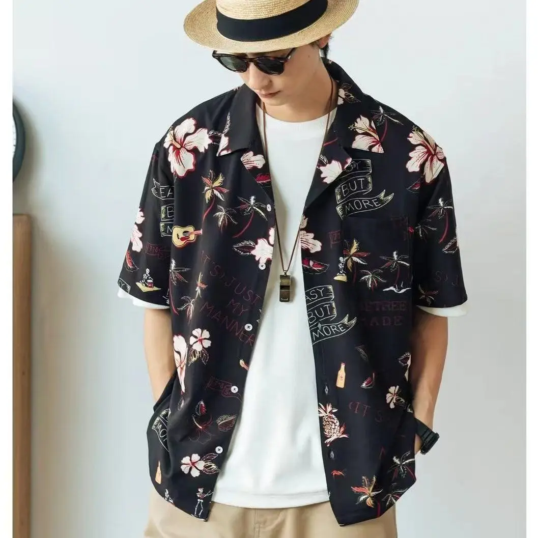 

Couple summer short-sleeved Hawaiian handsome niche high-end loose trendy shirt beach Hong Kong style shirt men clothing y2k top