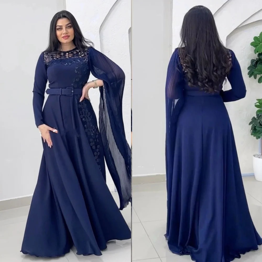 

Evening Prom Dress Saudi Arabia Chiffon Draped Pleat Sash Party A-line O-Neck Bespoke Occasion Gown Long Dresses