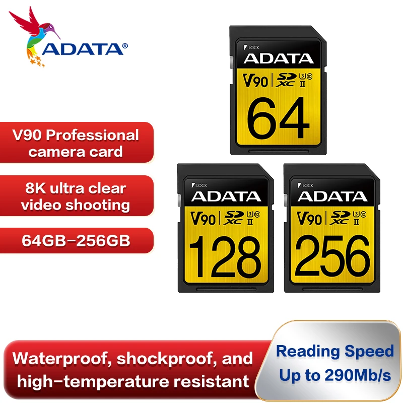 

Карта памяти ADATA Premier ONE SDXC, 256 ГБ, 128 ГБ, 64 ГБ, U3, C10, V90, SD-карта для видеокамеры Ultra HD, 4K, 8K
