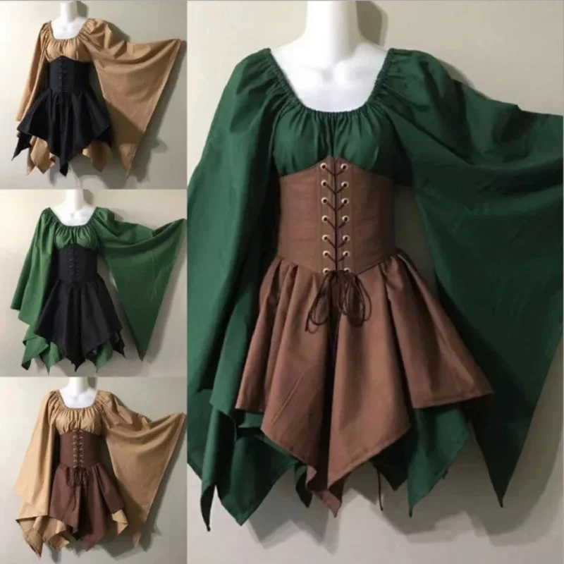 

New Medieval Renaissance Vintage Cosplay Woodland Wood Elf Fairy Waist Cincher Corset Dress Long Sleeves Retro Irregular Dresses