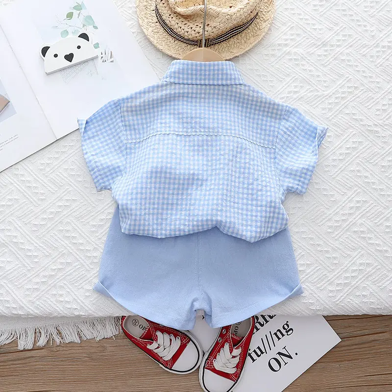 Summer Casual Newborn Baby Boy Toddler Causal ClothesPlaid Shirt Tops Pants 2Pcs/Set With Tie Cotton Kids Outfits Clothing Suit