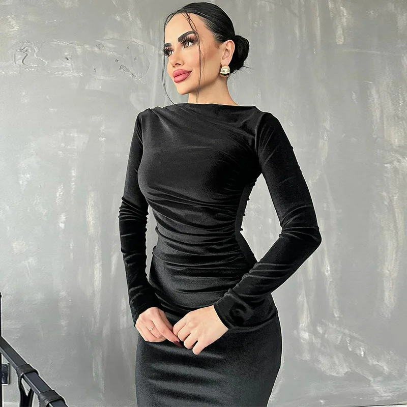 Fashion Autumn and Winter New Women's Long-sleeved Semi-turtleneck Slim Dress Elegant Velvet Women's Solid Color Casual Skirt