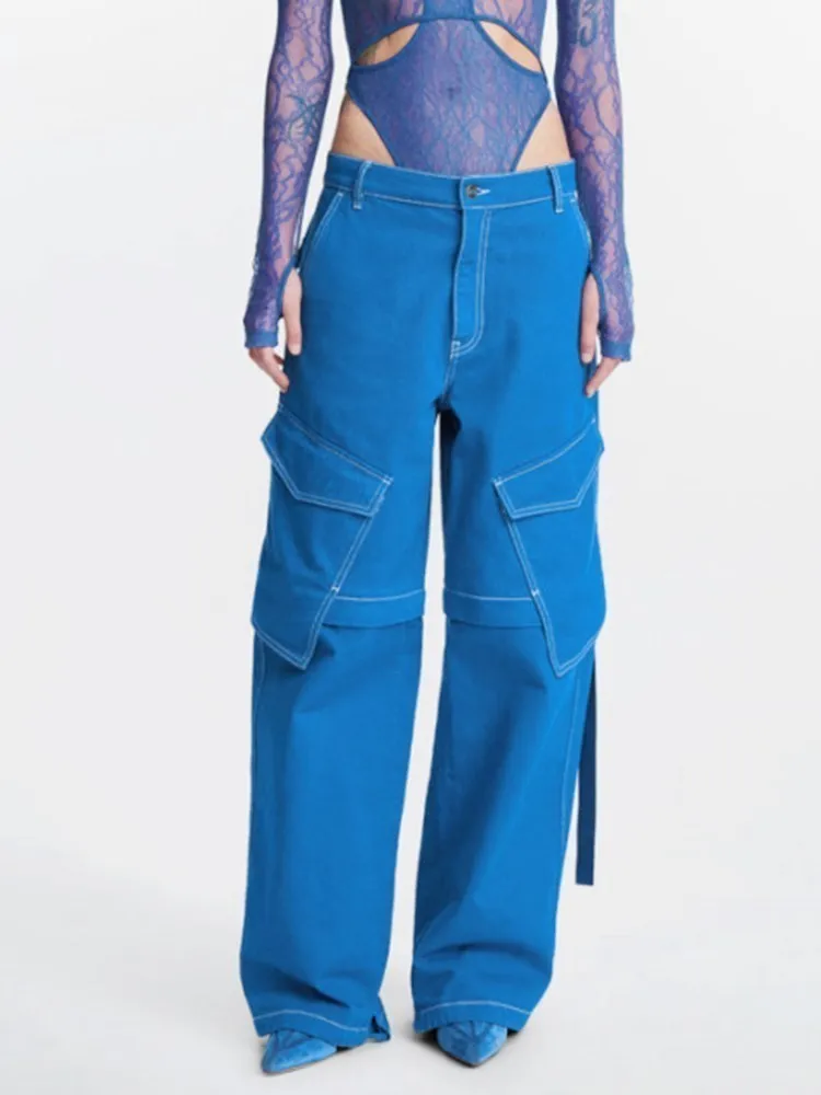 KBQ Cargo Denim Pants For Women High Waist Patchwork Pockets Streetwear Casual Solid Straight Wide Leg Pant Female Fashion New