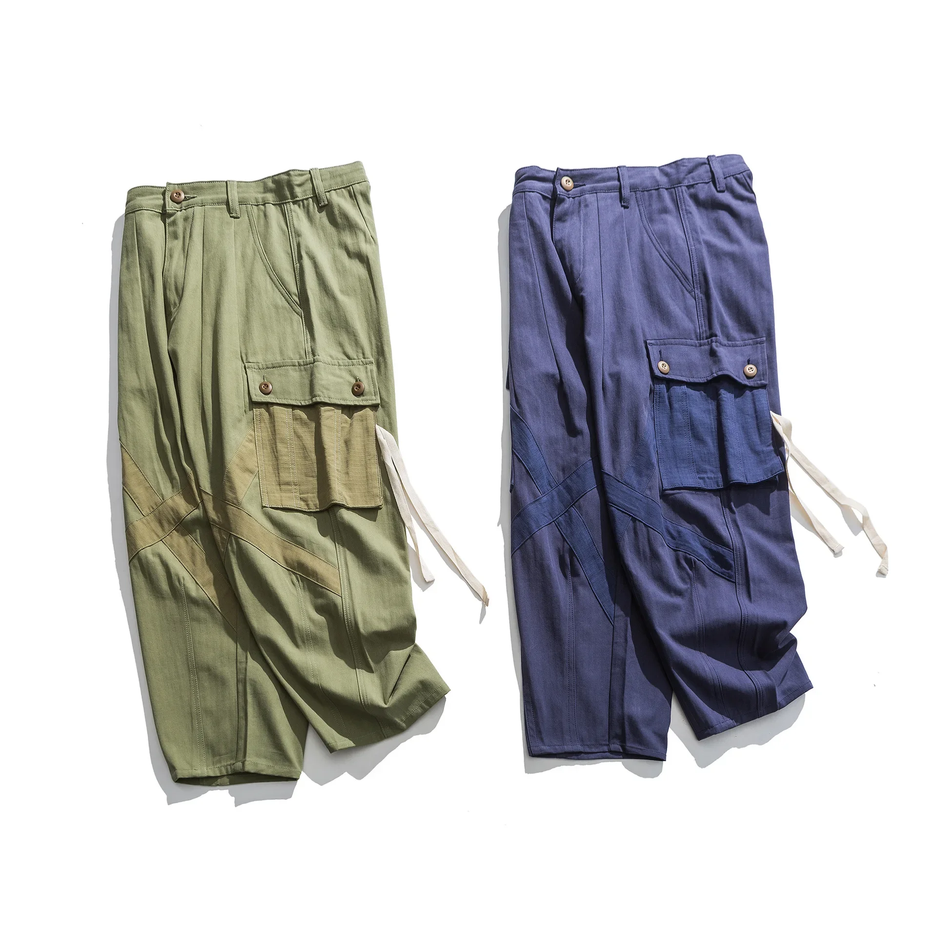 

H-3005 Vintage Cargo Wide Leg Trousers Double Big Pockets Chic Patchwork Panelled Mid-Length Loose Casual Skateboard Pants Men