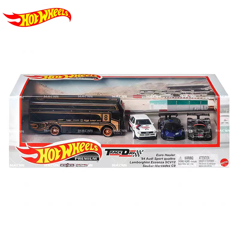 

Original Hot Wheels Track Day Premium Model Benz Lamborghini Audi Euro Hauler Boy Car Toys for Children Garage Scene Real Riders