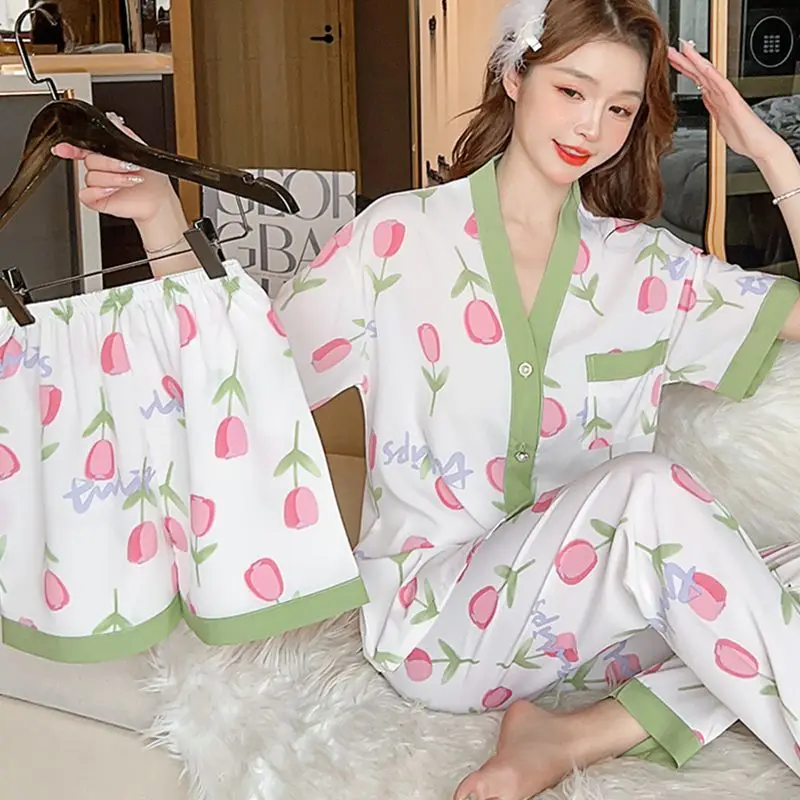 2024 Spring/Summer Wall Cotton Pajamas Women's Cardigan V-Neck Front Button Little Fairy Tulip Three Piece Home Suit Plaid Set