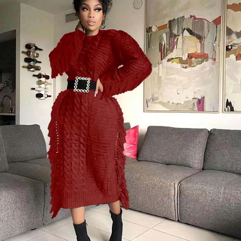 

Autumn Winter Tassel Sweater Dress Women Long Sleeve O-Neck Solid Stretchy Slim Knitting Vintage Bodycon Maxi Dress Clubwear