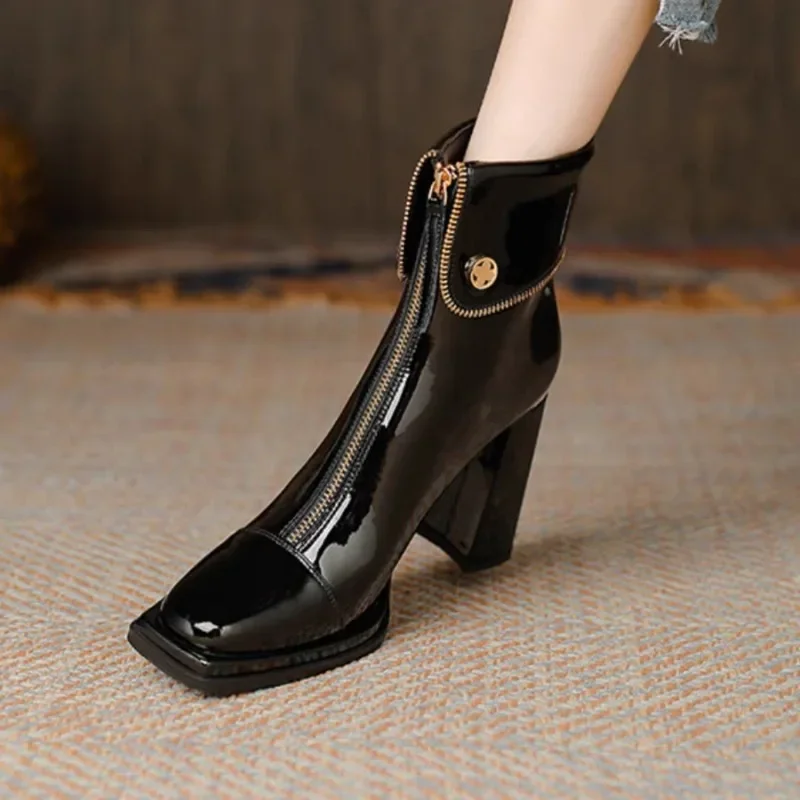 Ladies Shoes 2023 Hot Sale Ankle Women's Boots High Quality Modern Boots Women Solid Square Toe Zip Heeled Shoes Female Zapatos