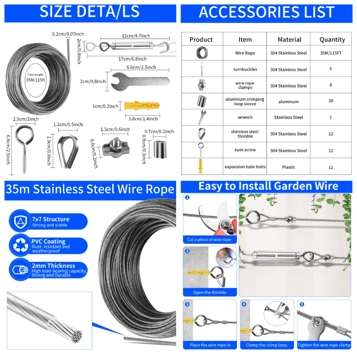 Stainless Steel Shade Sail Wire Kit Plant Training Garden Wire Rope Kit for Sun Shelter 2mm Stainless Steel Canopy Hanging Ropes sun shade hardware kit