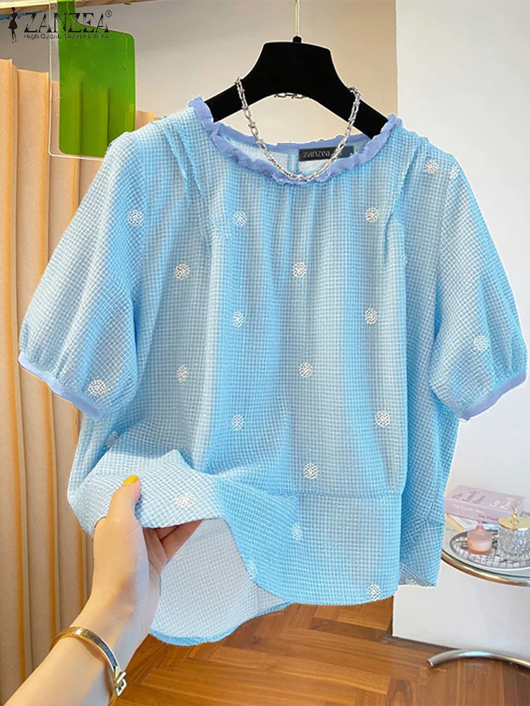 Vintage Plaid Casual Short Sleeve Women Blouse